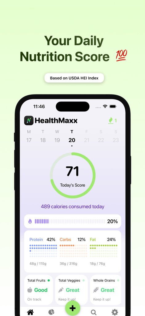HealthMaxx: AI Calorie Tracker - Interface do aplicativo HealthMaxx mostrando uma pontuação nutricional diária com rastreamento de calorias e macronutrientes