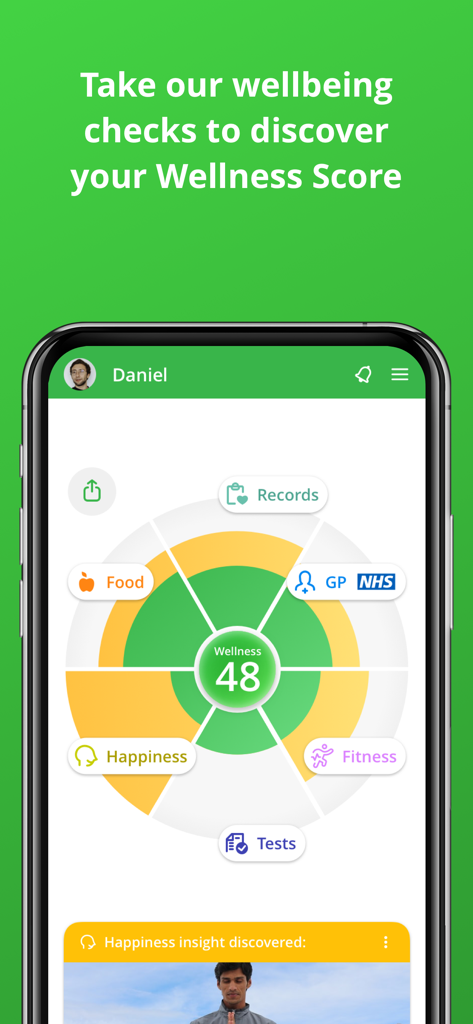 Evergreen Life PHR app showing a wellness score dashboard with health categories