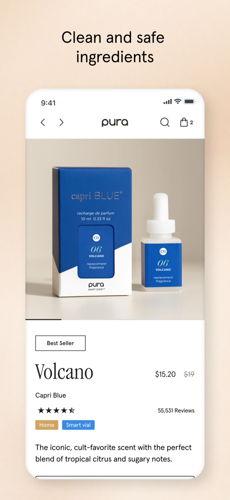 고객 평가 및 깨끗한 성분 메시지가 포함된 Capri Blue Volcano 향기 리필을 보여주는 Pura 앱 제품 화면