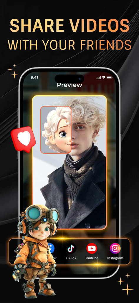 A mobile app interface showing a cartoon filter video preview and social media sharing icons for TikTok and Instagram