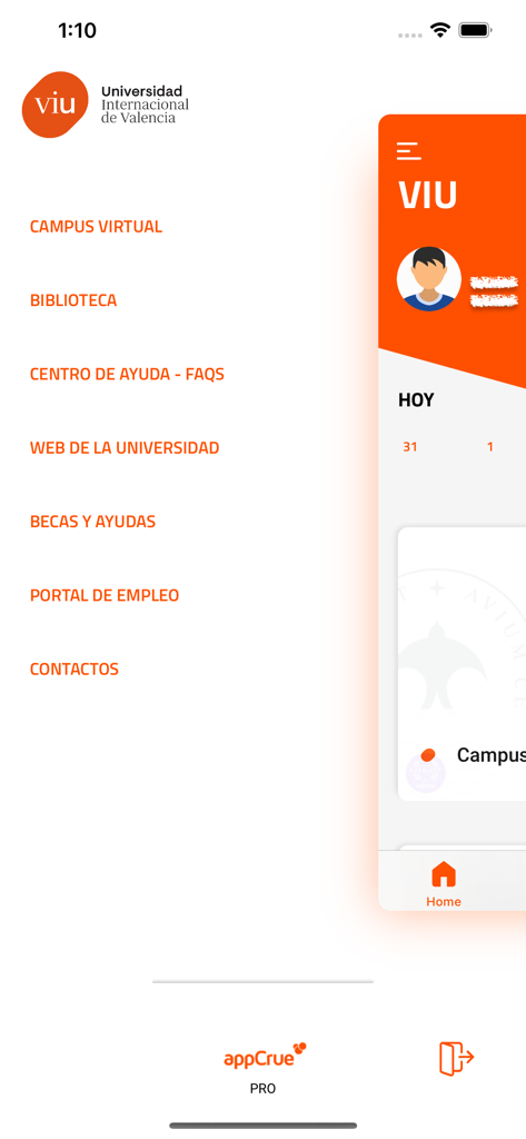 Menú de navegación de la aplicación móvil de la Universidad VIU que muestra enlaces al campus virtual, la biblioteca y las becas