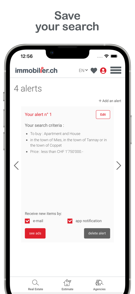 Immobilier.ch app screen showing saved search alerts for Swiss real estate listings
