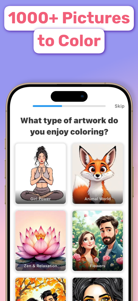 NumColor AI - Coloring Games - Tela do aplicativo NumColor AI mostrando categorias de arte como animais e relaxamento zen.
