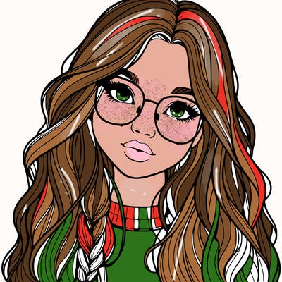 girl with long hair and freckles and glasses realistic