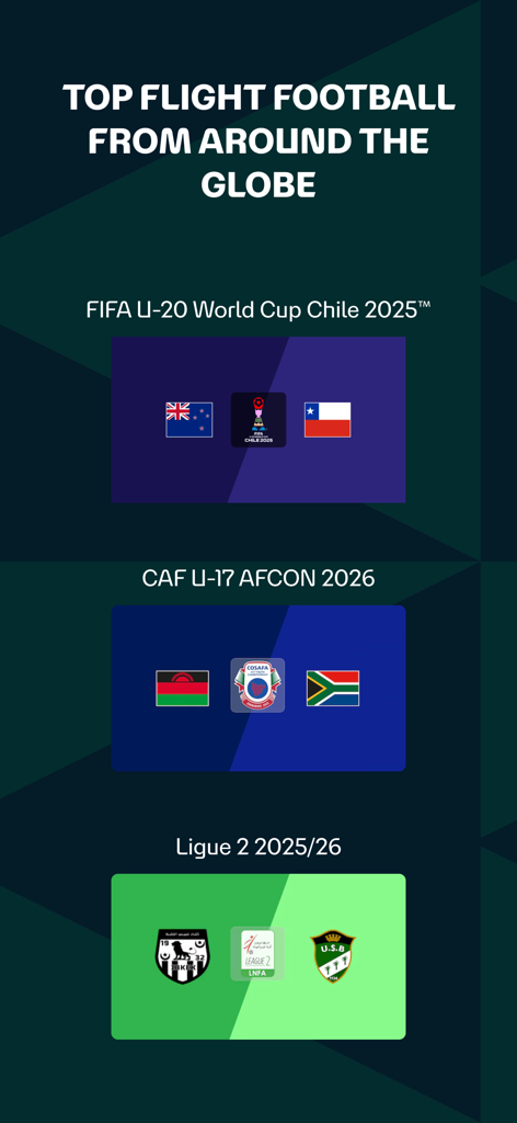 A screen from the FIFA plus app showcasing top flight football tournaments from around the globe including FIFA U-20 World Cup and CAF U-17 AFCON.