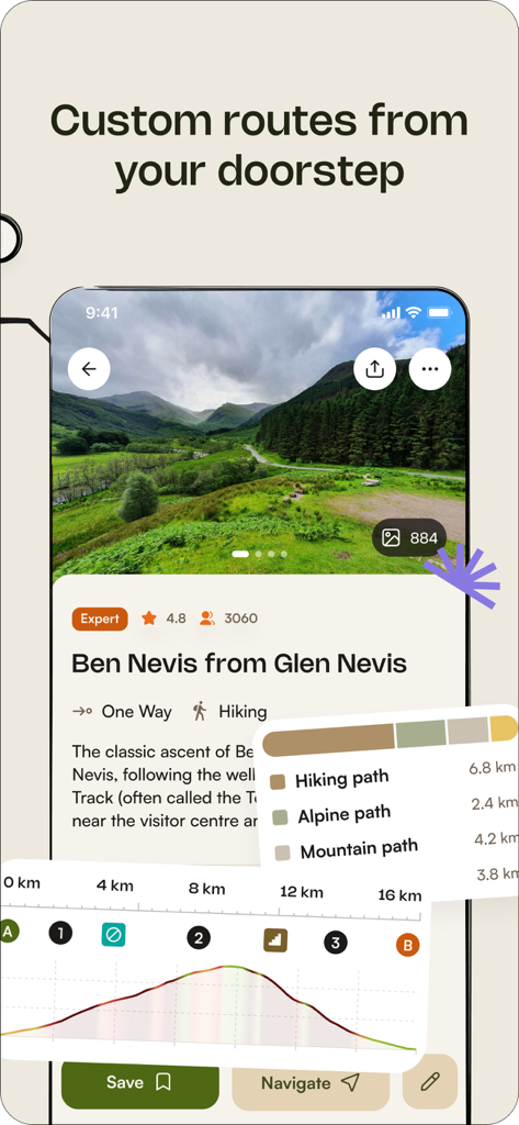 Interfaz de la aplicación Komoot que muestra detalles de la ruta de senderismo para Ben Nevis, incluido el perfil de elevación y los tipos de superficie del sendero.