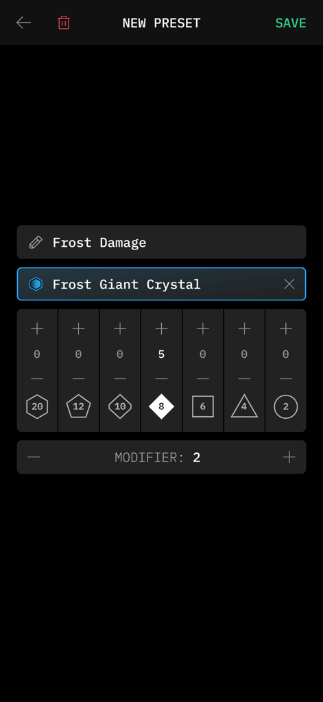 Mighty Dice - Interface of the Mighty Dice app showing the creation of a new preset titled Frost Damage with five eight-sided dice and a plus two modifier