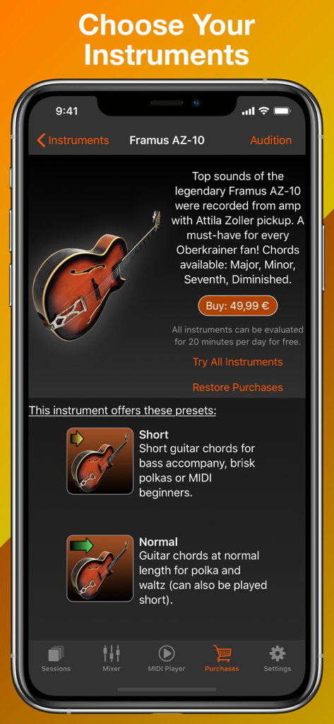 Pantalla de selección de instrumento para la guitarra Framus AZ-10 en la aplicación Turbosounds para Acordeón.