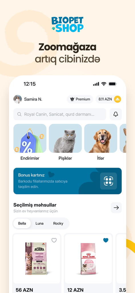 Biopet Shop - Online Zoomağaza - Interface de l'application mobile Biopet Shop affichant les catégories d'aliments pour animaux et les marques en vedette comme Royal Canin et Acana