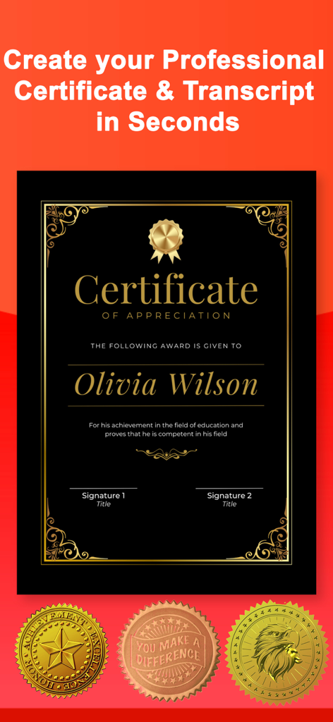 Certificate Maker: Diploma AI - Una plantilla de certificado de reconocimiento en negro y dorado con sellos dorados para un aspecto profesional