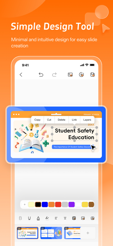 Good Slide mobile app interface showing presentation editing tools and a student safety slide template
