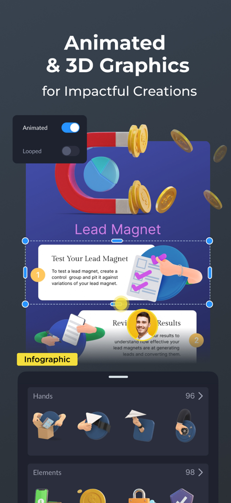 Visme mobile app interface showing the creation of an infographic with animated 3D graphics and design elements