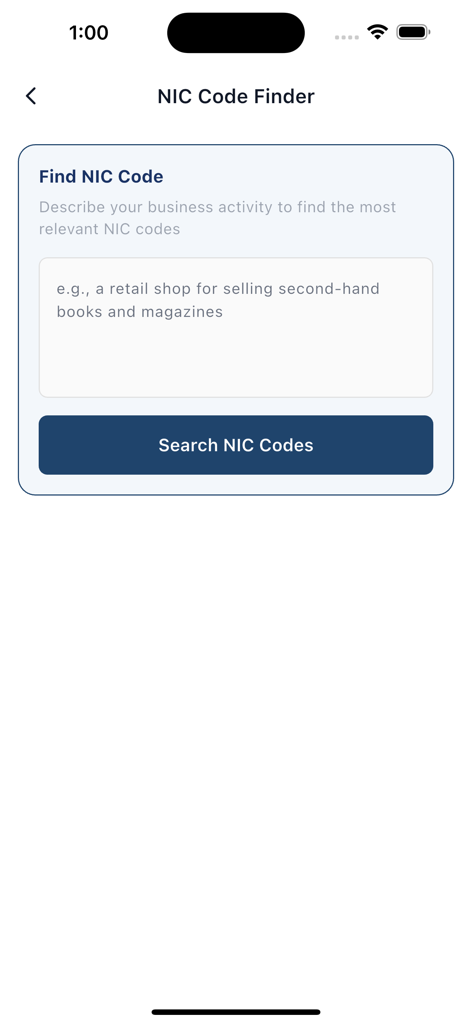 RegisterKaro - Tela do aplicativo Register Karo para pesquisar códigos NIC (Classificação Nacional de Atividades Econômicas) com base na descrição da atividade comercial