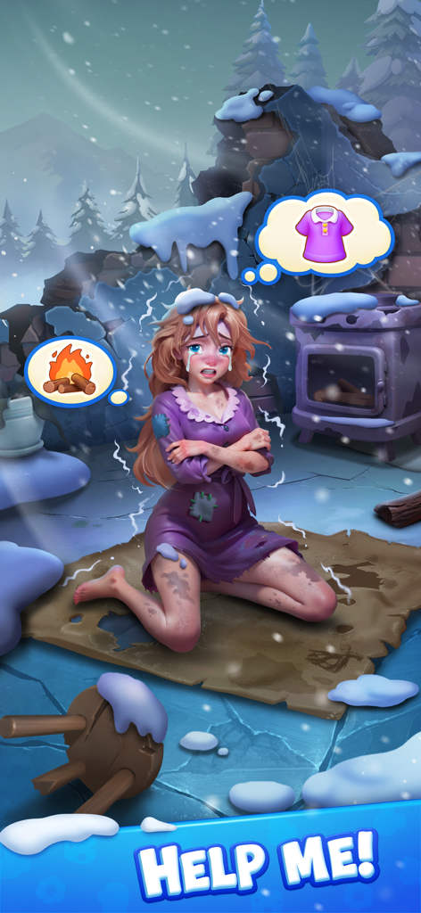 A crying girl shivering in a cold ruined room with the caption help me