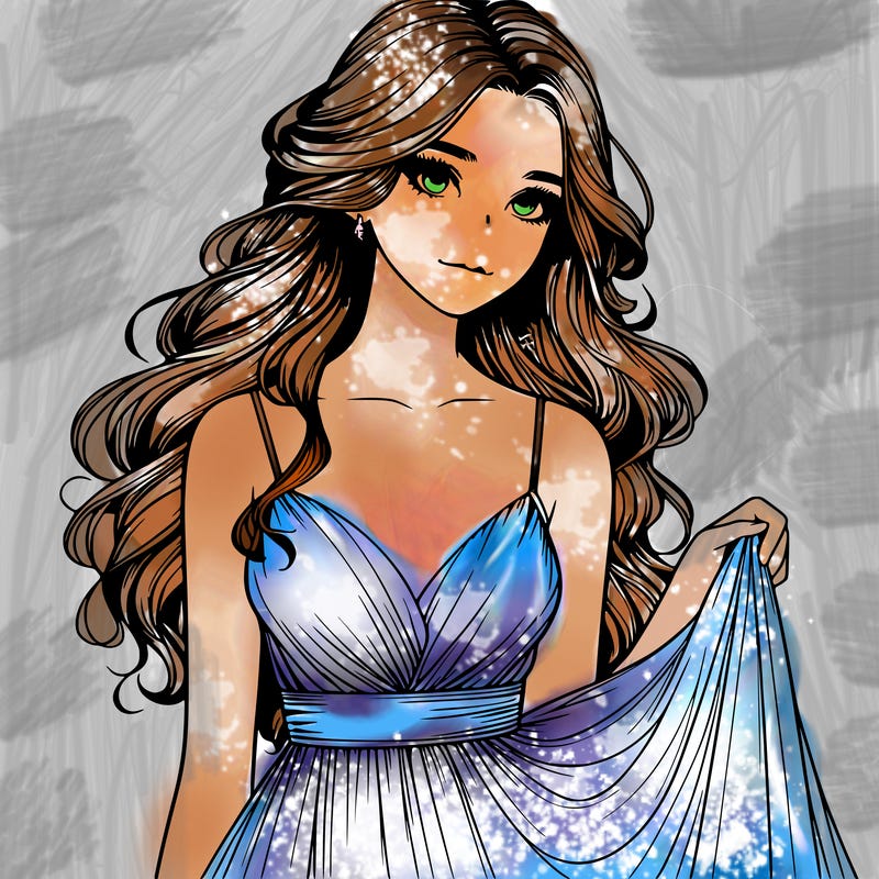 realistic girl in flowy silky prom dress