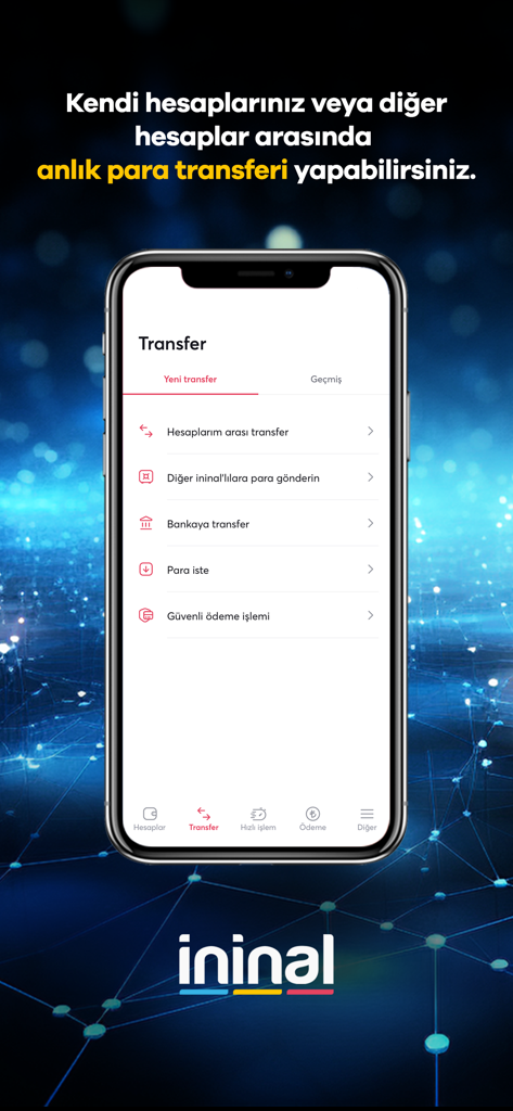 個人間送金や銀行送金のオプションが表示されたininalアプリの送金メニューを表示するスマートフォン。