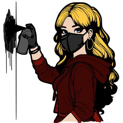 realistic girl with mask spray painting a wall