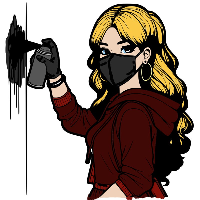 realistic girl with mask spray painting a wall