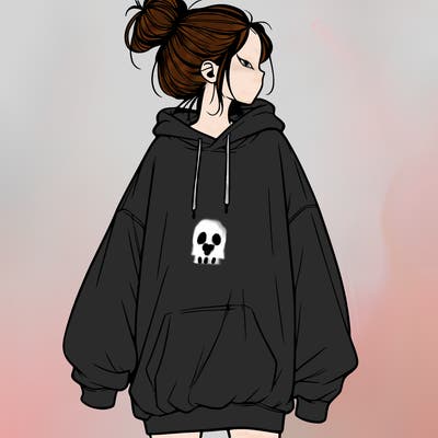 realistic girl with a oversized sweatshirt on and a bun