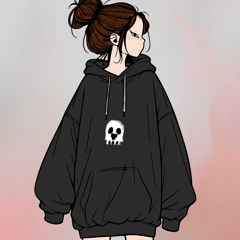 realistic girl with a oversized sweatshirt on and a bun