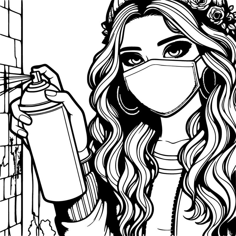 realistic girl with a spray paint and behind a wall and wearing a mask