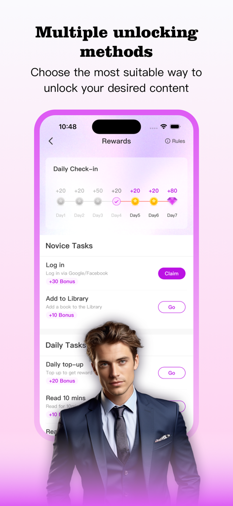 StoryHub:Novels&Stories&Books - Pantalla de la aplicación StoryHub que muestra recompensas y tareas para desbloquear capítulos de novelas