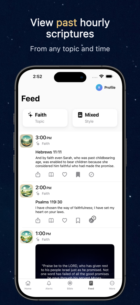 Bible Hour: Daily Verse Alerts - Mobile app interface showing a feed of past hourly bible verses and scripture history