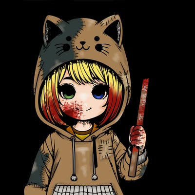 a realistic little girl wearing a cat hoodie holding a sign that says "see you in hell"