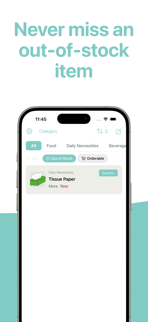 Stockn (inventory management) - Pantalla de la aplicación Stockn que muestra un artículo agotado de papel higiénico en la categoría de necesidades diarias.