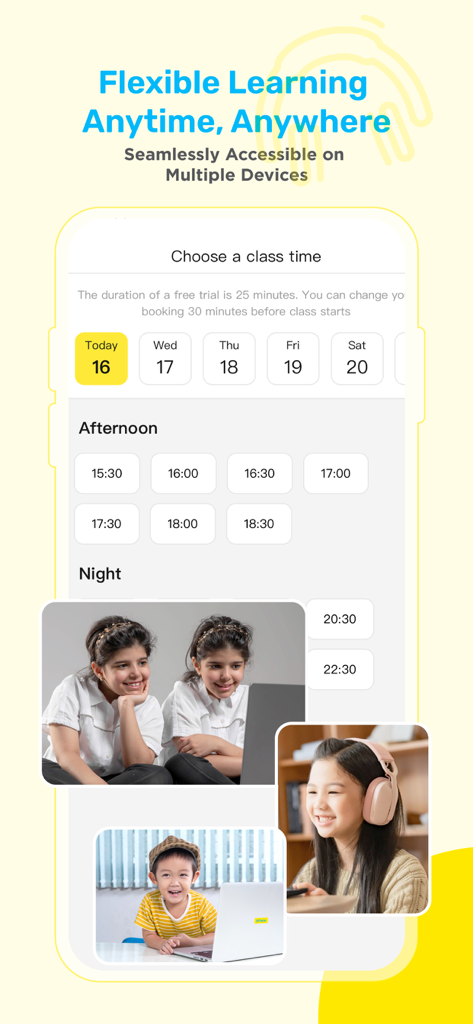 Interface do aplicativo 51Talk mostrando agendamento flexível de aulas e opções de tutoria de inglês 1 a 1 para crianças.
