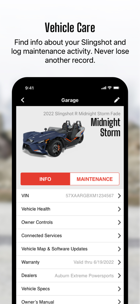 Slingshot® - Slingshot app screen for vehicle care showing garage details and maintenance logs for a 2022 Slingshot R