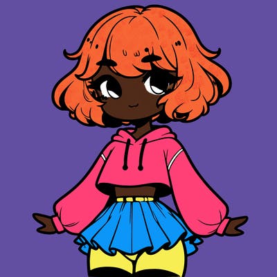 cute femboy with short, fluffy hair that softly frames their face, wearing a cropped hoodie, paired with a flouncy short skirt, and thigh-high stockings