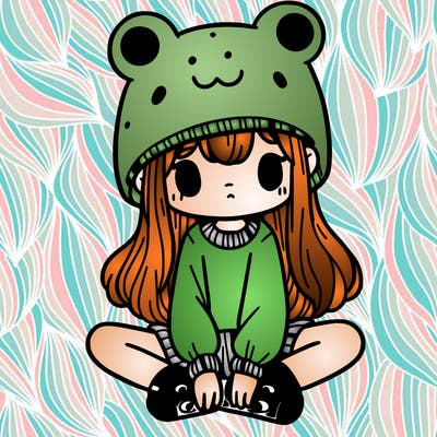 a girl wearing a frog hat and some frog socks