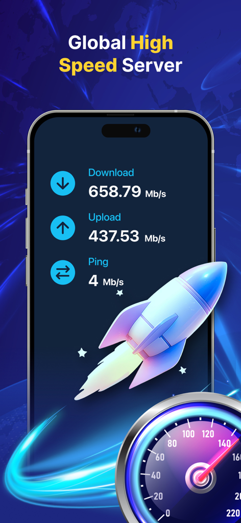 VPN Lite: Super VPN Proxy - Interface do aplicativo VPN Lite exibindo o desempenho de servidor de alta velocidade com métricas de download, upload e ping