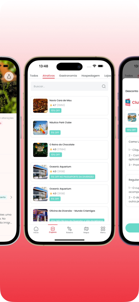 Gramado Blog - Mobile app interface showing a list of Gramado tourist attractions with exclusive discount coupons.
