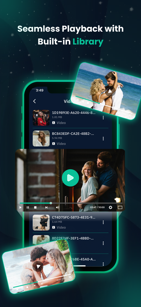 X Video Downloader - HD Player - X Video Downloader HD Player app interface showing a built-in video library and playback features