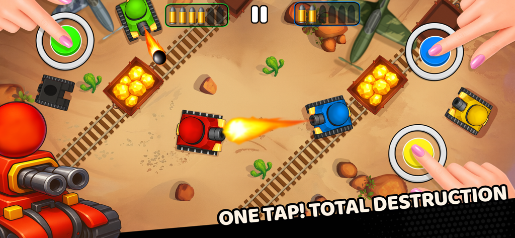 Stick Fun Party Mini Games - Quatro jogadores competindo em um minijogo de batalha de tanques em uma única tela com controles de um toque