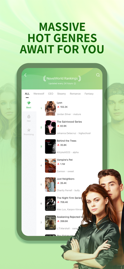 NovelWorld - Unlimited Novels - NovelWorld mobile app interface showing top trending book rankings for romance and billionaire genres