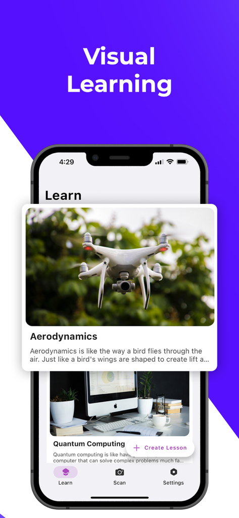 ScanSolve - AI Homework Helper - ScanSolve app interface showing visual learning cards for topics like aerodynamics and quantum computing