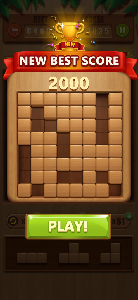 Wood Merge ：Block 3D - Wood Merge Block 3D game screen showing a new best score of 2000 with a golden trophy