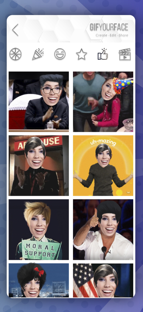 Interface of Gif Your Face app showing a grid of humorous face-swap video templates