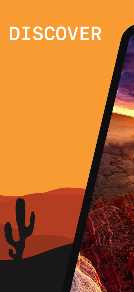 사막 풍경 일러스트와 협곡의 일몰 사진이 있는 그랜드 캐니언 앱의 디스커버 섹션