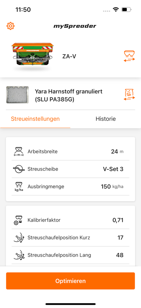 Interface do aplicativo mySpreader mostrando configurações de distribuição e parâmetros de calibração para um distribuidor de fertilizantes Amazone ZA-V.