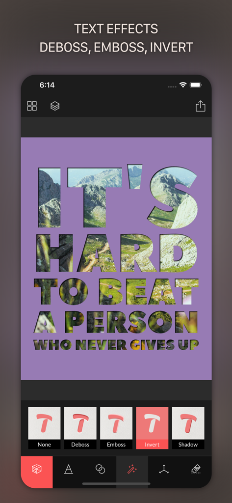 TypiMage-App zeigt invertierte Texteffekte auf einem motivierenden Zitat mit einem Landschaftshintergrund