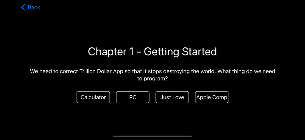 The Developer - An interactive tutorial screen from The Developer app showing a multiple choice question in Chapter 1 with a black background.