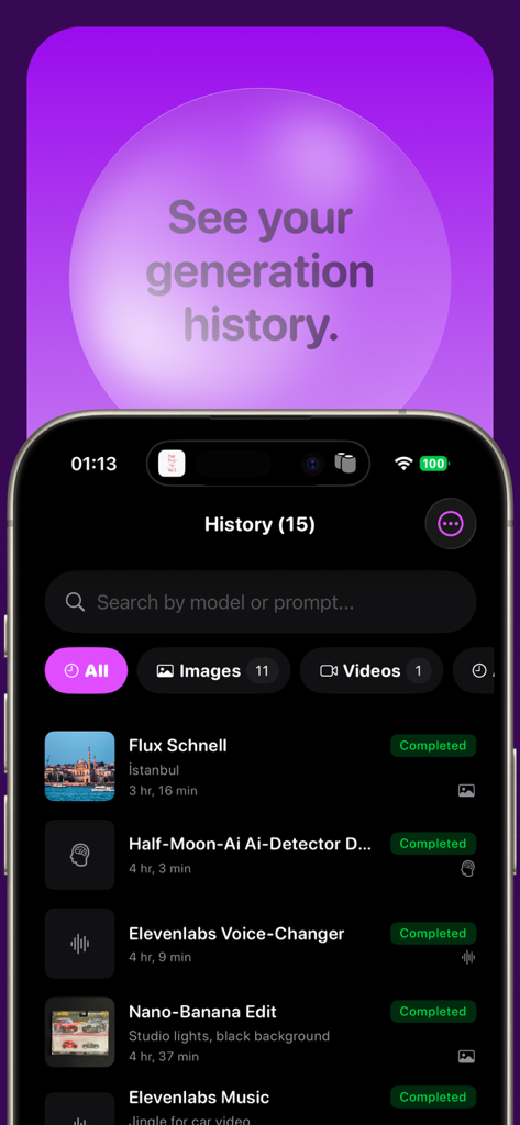 Ein Screenshot des Verlaufsbildschirms in der Fortune AI Playground App, der eine Liste abgeschlossener KI-Bild- und Video-Generierungen zeigt