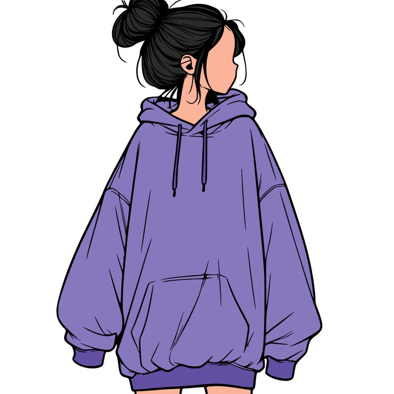realistic girl with a oversized sweatshirt on and a bun