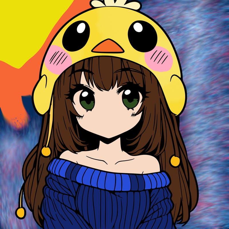 anime girl with chick shaped hat with sweater with bare shoulders with bangs covering them one eye with low tail
