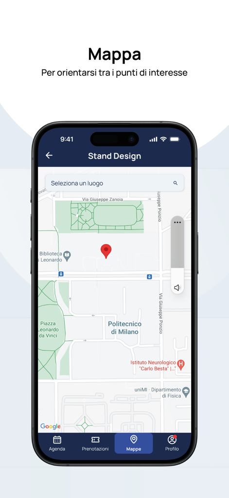 Interactive campus map within the Open Day Polimi app for navigating university points of interest