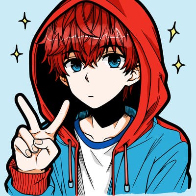 teenage manga boy in a hoodie, doing ✌